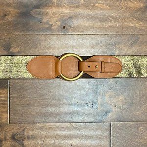 Lauren Ralph Lauren Stretch Fabric Leather Gold D-Ring Buckle Brown Belt XL